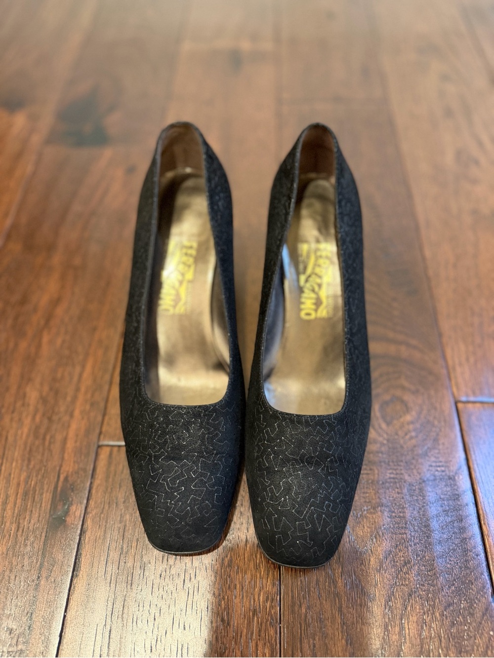 Salvatore Ferragamo Black Embossed Square-Toe Pumps with Subtle Pattern